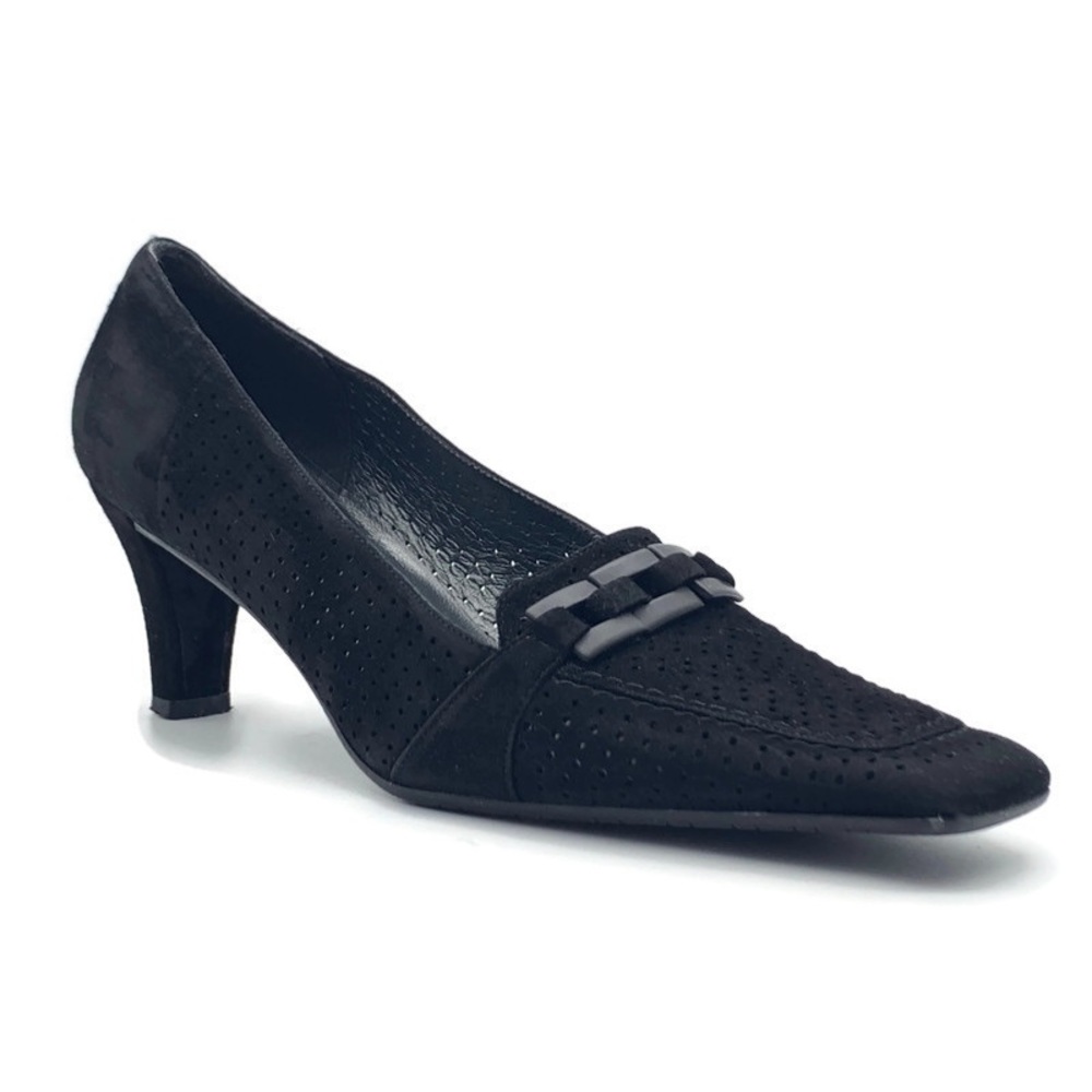 Stuart Weitzman Vintage Perforated Black Suede Square Toe Pump Heels